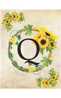 Q: Monogram Initial Q Notebook for Women and Girls- 8.5" x 11" - 100 pages, college rule - Sunflower, Floral, Flowers