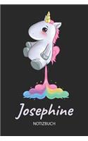 Josephine - Notizbuch: Individuelles personalisiertes Mädchen & Frauen Namen blanko Regenbogen pupsendes Einhorn Notizbuch. Liniert leere Seiten. Ideal als Uni & coole Sch