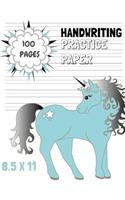 Handwriting Practice Paper: Blue Silver Unicorn Notebook with Dotted Sheets for K-3 Students 100 Pages 8.5x11(1 Handwriting Wokrbooks for Kids)