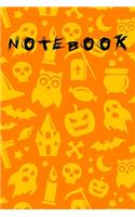 Notebook: 6 x 96 in - 110 Pages, Halloween Pumpkin Jack O'Lantern, bat, owl, sweet, tombstone, skull, cauldron orange background, Wide Ruled - Black Lined Pap(1 Halloween Notebook)