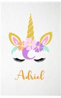 Adriel A5 Lined Notebook 110 Pages: Funny Blank Journal For Lovely Magical Unicorn Face Dream Family First Name Middle Last Surname. Unique Student Teacher Scrapbook/ Composition Great