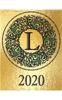 Weekly Planner Initial Monogram "L" January 2020 - December 2020: Personalized 12-Month Large Print Letter-Sized Schedule Organizer by Week Printed and Designed in USA Metallic Gold Black Green Leaf(12 2020 Metallic Gold Bg - Elegant Black/Green Medallion)