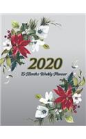 Large Print - 2020 - 15 Months Weekly Planner - Victorian Christmas - Silver with Poinsettia Flowers