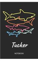 Tucker - Notebook: Blank Lined Personalized & Customized Name 80s Neon Retro Shark Notebook Journal for Men & Boys. Funny Sharks Desk Accessories Item for 1st Grade / 