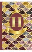 Letter H Notebook: Initial H Monogram Blank Lined Notebook Journal Rose Pink Gold Mermaid Scales Design Cover