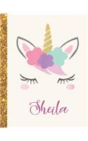 Sheila: Sheila Unicorn Personalized Black Paper SketchBook for Girls and Kids to Drawing and Sketching Doodle Taking Note Marble Size 8.5 x 11