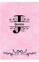 Split Letter Personalized Journal - Jeanne: Elegant Flourish Capital Letter on Light Pink Leather Look Background