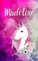 Madeline: Cute Unicorn Notebook Writing Journal for Girls, Personalized With Name, Personalized Writing Journal, Notebook for Women and Girls, Personalized No