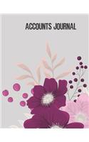 Accounts Journal: 6 column account journal space for keeping track of cash or check payments, features columns for description, reference, whether it's debit or credi