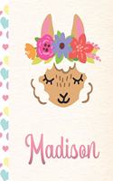 Madison: Personalized Llama Dot Grid Bullet Journal/Notebook For Girls With Pink Name - 8.5x11 110 Pages Dotted Journal Diary Paper