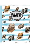 Composition Notebook: Seashells Blue and White Stripes 7.5" X 9.25" - 110 Wide Ruled Pages