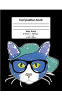Composition Book: Cool Cat with Glasses, Wide Ruled School Notebook, 100 pages, 7.44"x9.69"