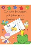 Ich lerne, Buchstaben und Zahlen mit zu schreiben mit feen: Schreiben lernen für Kinder im Alter von 4 bis 8 Jahren, Seiten zum Schreiben von Buchstaben und Zahlen, Handschrift für Kinder, letter tracing Germ