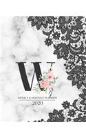 Weekly & Monthly Planner 2020 W: Black Lace Marble Monogram Letter W with Pink Flowers (7.5 x 9.25 in) Horizontal at a glance Personalized Planner for Women Moms Girls and School