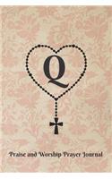 Letter Q Personalized Monogram Praise and Worship Prayer Journal - Rosary Cross: Heart Shaped Rosary Beads with Cross on Antique Floral Wallpaper Pattern in Rose Beige Bible Study Notebook