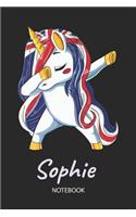 Sophie - Notebook: Blank Lined Personalized & Customized Name Great Britain Union Jack Flag Hair Dabbing Unicorn Notebook / Journal for Girls & Women. Funny Unicorn Ac