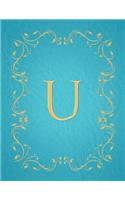 U: Modern, stylish, capital letter monogram ruled notebook with gold leaf decorative border and baby blue leather effect. Pretty and cute with a design