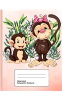 Wide Ruled Composition Notebook: Writing Book Journal, Soft Cover, Blank Lined Paper, 200 Pages, Cute Animal Designs Monkey for Girls Pink