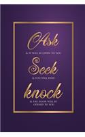 Ask Seek Knock Wirebound Notebook with purple and gold cover