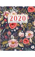 Weekly and Monthly Planner: Agenda Calendar and Schedule Organizer - Includes Inspirational Quotes and Holidays - Navy Watercolor Floral(1 2020 January Through December)