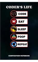 Coder's Life Code Eat Sleep Poop Repeat: Composition Notebook, Funny Birthday Journal for Programmers, Software Developers to Write on