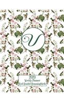 2020 Weekly Planner - Red Headed Hummingbirds - Personalized Letter V - 14 Month Large Print