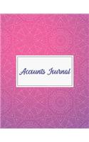 Accounts Journal: Account journal, space for keeping track of cash or check payments, features columns for description, reference, and debit or credit, pink mandala,