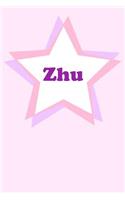 Zhu: Personalized Name Journal. Wide Ruled (Lined) Writing Diary, Composition Book. Cute Pink Star Cover for Girls, Kids and Teens