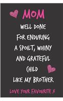 Mom, Well Done for Enduring a Spoilt: Mother's Day Birthday Notebook from Son Daughter Sibling - Funny Gag Cheeky Joke Birthday Journal for Mum, Sarcastic Rude Blank Book, Anniversary Ba