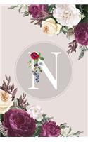 N: Monogram Initial N Notebook Elegant Pretty Cute Flowers Blank Lined Paper Journal Present for Women and Girls