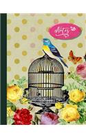 Notes: Large Gardening Planner Log Book - Plant Planning Garden Paper Composition Notebook - Gardener Planting Journal - Dotted Vintage Bird Flower Roses E