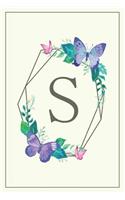 S: Elegant Monogram Initial Blank Lined Journal Notebook for Women and Girls (Butterfly Frame)