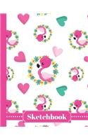 Sketchbook: Cute Heart Pink Flamingo Sketch Book For Kids Large 8.5x11 Blank 110 Page Notebook For Drawing, Doodling, Sketching