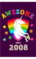 Awesome Since 2008: Unicorn Blank Hand Writing Calligraphy Notebook Paper Magical Purple Cover for Young Girls Born this Year Kids Practice Alphabet Letters & Learn to 