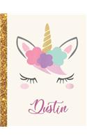 Dustin: Dustin Unicorn Personalized Black Paper SketchBook for Girls and Kids to Drawing and Sketching Doodle Taking Note Marble Size 8.5 x 11