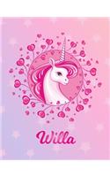 Willa: Unicorn Sheet Music Note Manuscript Notebook Paper - Magical Horse Personalized Letter W Initial Custom First Name Cover - Musician Composer Instrum