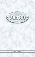 James - Lined Notebook: College Ruled Blank Pages Plus Extra Date Neutral Calendar (12 Months) and Notepad Sketch Designs. Cover Print White Marble Background with Silver-I