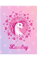 Landry: Unicorn Large Blank Primary Handwriting Learn to Write Practice Paper for Girls - Pink Purple Magical Horse Personalized Letter L Initial Custom Fir