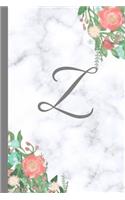 Z: Letter Z Monogram Floral Marble Journal, Pretty Pink Flowers on Elegant White & Grey Marble Notebook Cover, Stylish Gray Personal Name Initial, 6x9 