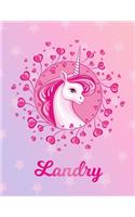 Landry: Unicorn Sheet Music Note Manuscript Notebook Paper - Magical Horse Personalized Letter L Initial Custom First Name Cover - Musician Composer Instrum