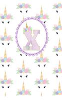 Unicorn Monogram Journal - Letter X: Purple Letter with a Unicorn Horn and Flowers Accent on a Background of Cute Unicorn Faces