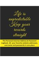 Life is unpredictable Keep your records straight: The Personal Internet Address & Password Logbook - All your favorite website addresses, username and passwords in one place