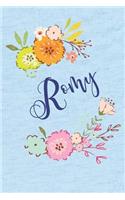 Romy: Personalized Name and Floral Design on Calm Sky Blue Pattern, Lined Paper Note Book For Girls To Draw, Sketch & Crayon or Color (Kids Teens and Adul