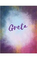 Greta: Greta personalized journal blank book. Large 8.5 x 11 Attractive watercolor texture purple pink orange & blue tones. arty stylish pretty journal for