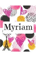 Myriam: Journal de nom personnalisé Carnet de nom personnalisé Conception de coeurs et de cercles Couleurs roses et noires