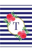 Navy and White Striped Coral Floral Monogram Journal with Letter T