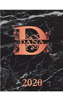 Dana: 2020. Personalized Name Weekly Planner Diary 2020. Monogram Letter D Notebook Planner. Black Marble & Rose Gold Cover. Datebook Calendar Schedule