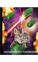 Composition Notebook: Funny Space Cat vs. Laser Cucumbers! 7.5" X 9.25" - Wide Ruled - 110 Pages