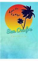 San Onofre California: Cute Sunset Palm Tree Flock of Birds Surfing Beach Dotted Grid Bullet Journal Notebook - 100 Pages 6 X 9 Inches Log Book