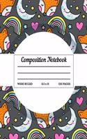 Composition Book: Cute Rainbow Fox Themed Wide Ruled Lined Paper Notebook 120 Pages - Elementary Middle High School Kids Elderly Large Handwriting Standard Size - Moo